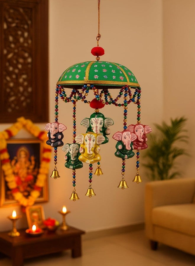 CDM Traditional Decorative Hanging Umbrella with Ganesh Idols - Multicolor Beaded Design with Bells for Home Décor - Handmade Indian Craft - Image 1